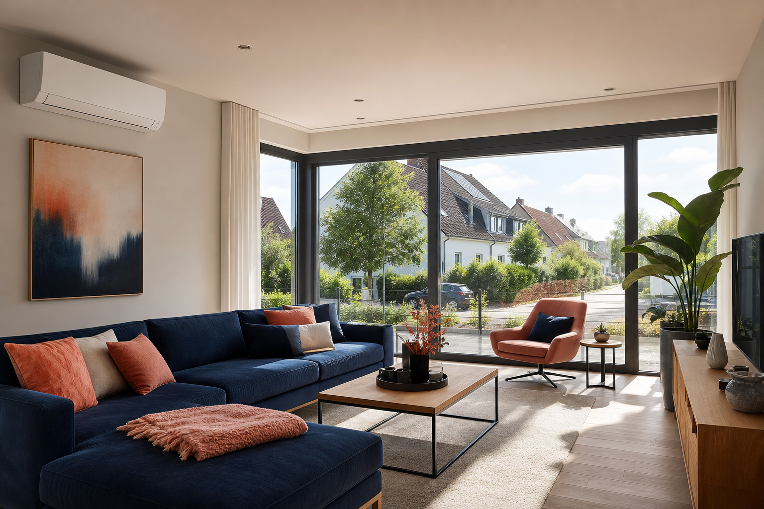 Modernes deutsches Wohnzimmer mit Klimaanlage an einem Sommertag