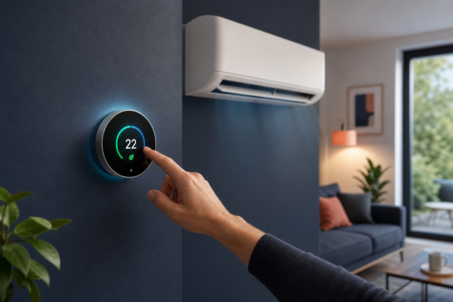 Smartes Thermostat zur Kontrolle der Energiekosten neben einer Klimaanlage