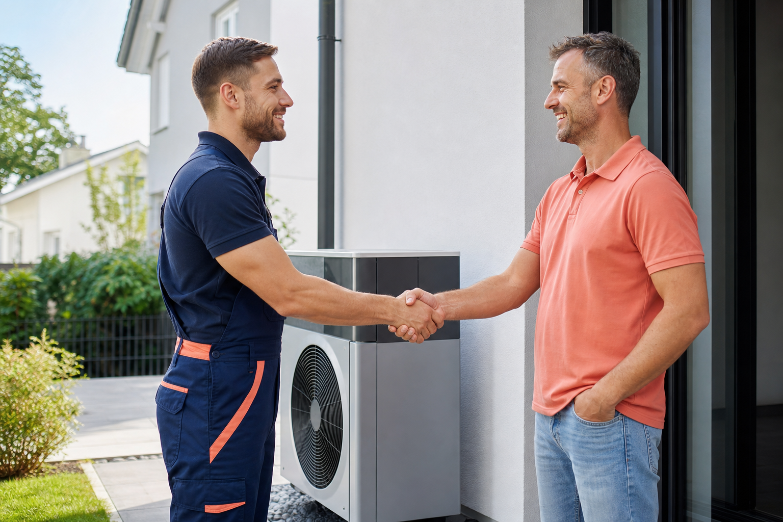 Techniker und zufriedener Kunde nach einer schlüsselfertigen Installation